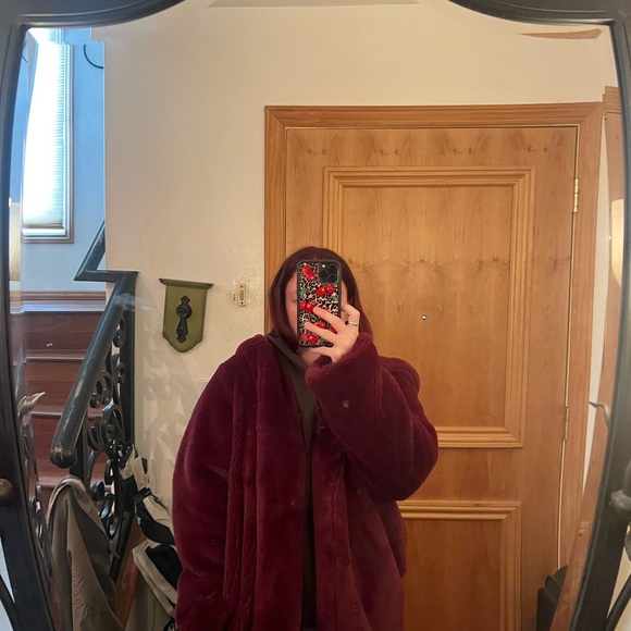 Burgundy Faux Fur Jacket - Picture 3 of 5
